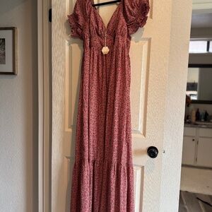 Pink Floral Puff Sleeve Maxi Dress